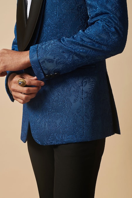 Buy_Philocaly_Blue Wool, Silk Embroidery Floral Pattern Tuxedo Blazer_Online_at_Aza_Fashions