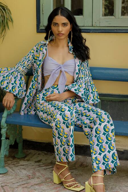 Joskai Studio_Multi Color Cotton Shawl Neck Geo Rhythm Printed Shirt_Online_at_Aza_Fashions