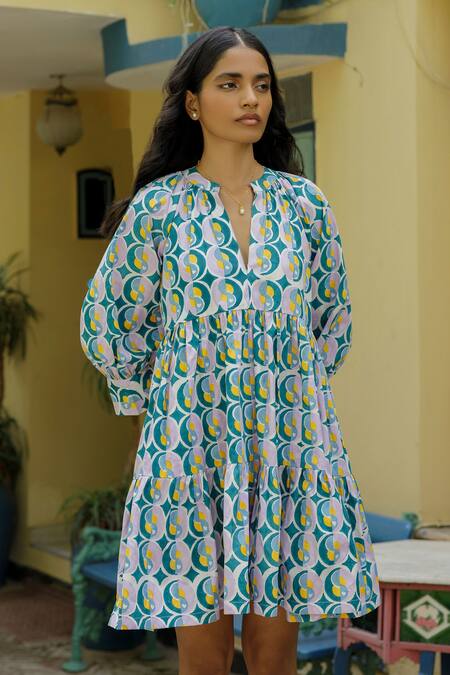 Joskai Studio_Multi Color Cotton Round Neck Geo Rhythm Printed Dress_Online_at_Aza_Fashions