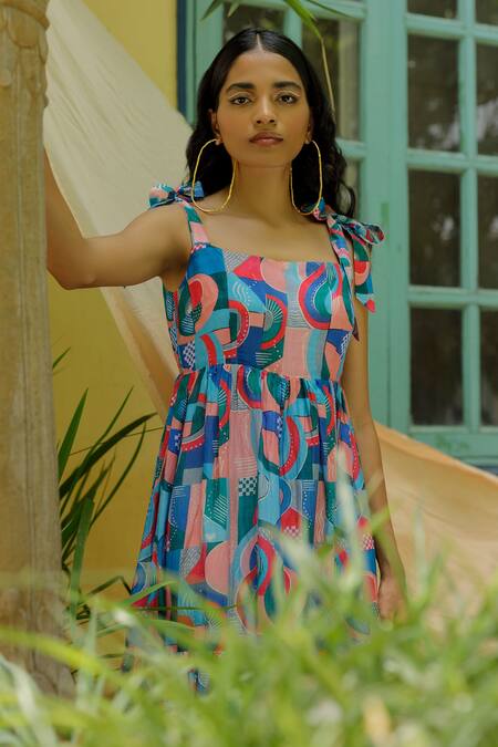 Joskai Studio_Multi Color Cotton, Silk Square Neck Joyous Rhythm Abstract Printed Dress _Online_at_Aza_Fashions