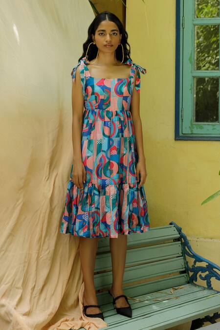 Buy_Joskai Studio_Multi Color Cotton, Silk Square Neck Joyous Rhythm Abstract Printed Dress _Online_at_Aza_Fashions