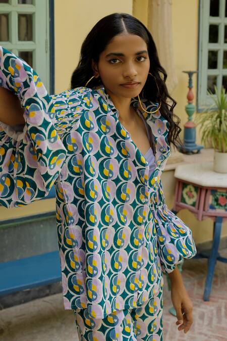 Joskai Studio_Multi Color Cotton Shawl Neck Geo Rhythm Printed Shirt_at_Aza_Fashions