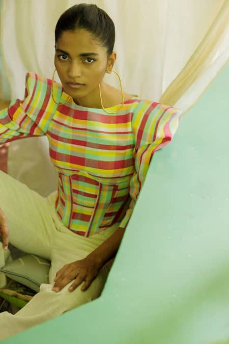 Joskai Studio_Yellow Handloom Cotton Boat Neck Art Is Love Structured Top_Online_at_Aza_Fashions