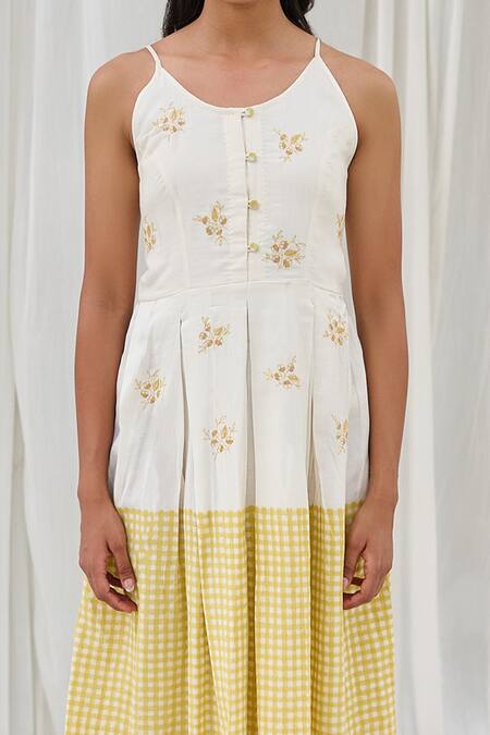 Shop Ayaka Yellow Cotton Embroidery Round Neck Floral Printed Midi Dress Online at Aza Fashions Shop_Ayaka_Yellow Cotton Embroidery Round Neck Floral Printed Midi Dress _Online_at_Aza_Fashions