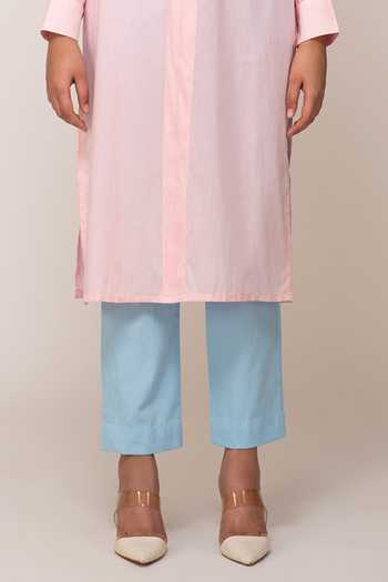 Ekavira Pink Cotton Collared Rosemary Color Block Shirt Tunic And Iris Pant Set 3