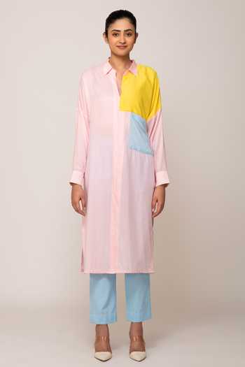 Ekavira Pink Cotton Collared Rosemary Color Block Shirt Tunic And Iris Pant Set 4