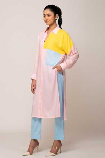 Ekavira Pink Cotton Collared Rosemary Color Block Shirt Tunic And Iris Pant Set 5