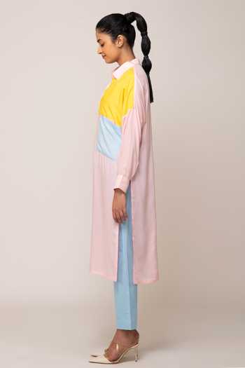 Ekavira Pink Cotton Collared Rosemary Color Block Shirt Tunic And Iris Pant Set 6