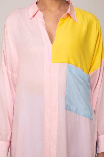 Ekavira Pink Cotton Collared Rosemary Color Block Shirt Tunic And Iris Pant Set 7