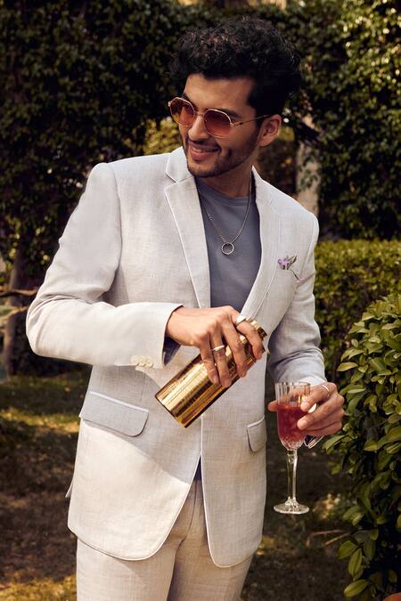 Philocaly_Grey Linen Flint Blazer_Online_at_Aza_Fashions