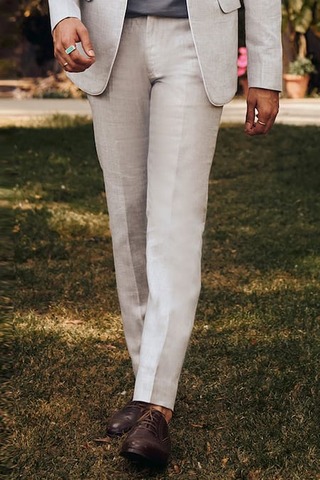 Buy Grey 100% Linen Plain Flinter Blazer And Trouser Set For Men