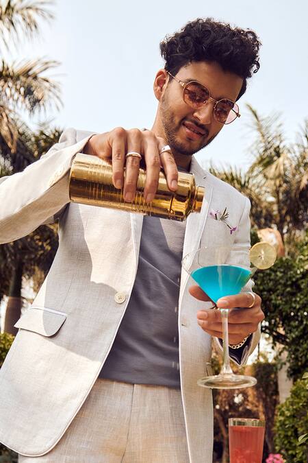 Philocaly_Grey Linen Flint Blazer_at_Aza_Fashions