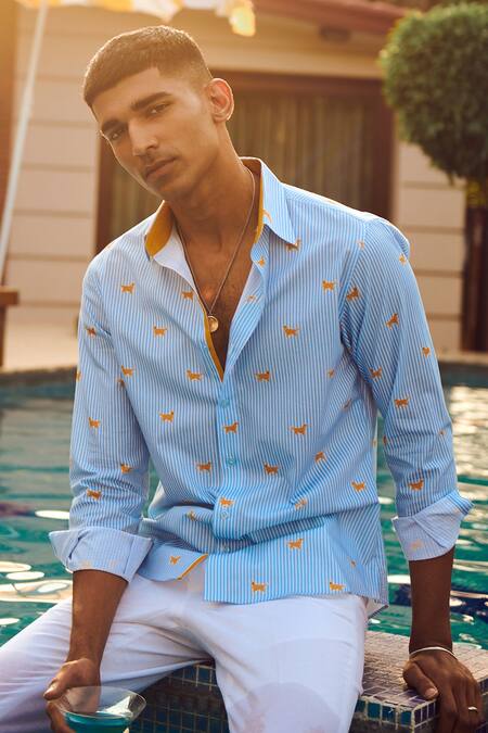 Philocaly Blue Cotton Hachi Printed Shirt Online at Aza Fashions Philocaly_Blue Cotton Hachi Printed Shirt_Online_at_Aza_Fashions