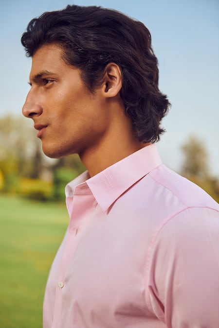 Shop Philocaly Pink Cotton Demure Shirt Online at Aza Fashions Shop_Philocaly_Pink Cotton Demure Shirt _Online_at_Aza_Fashions