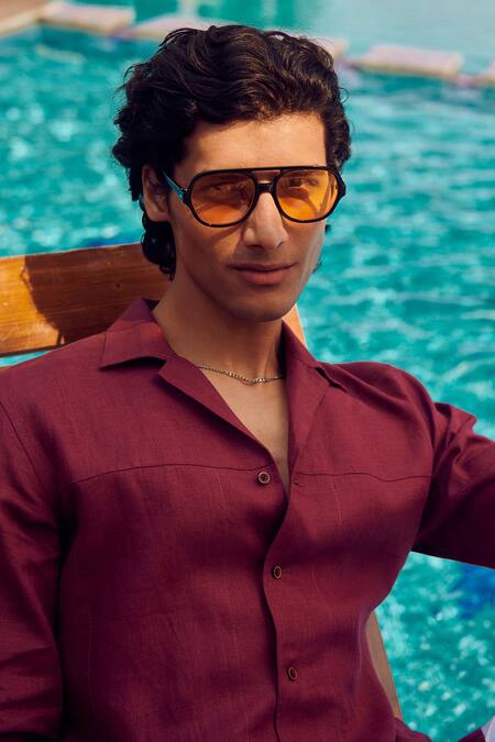 Philocaly_Maroon Linen Cabernet Shirt_Online_at_Aza_Fashions