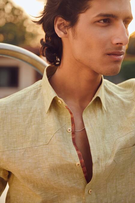 Philocaly_Green 100% Linen Sapling Shirt _Online_at_Aza_Fashions