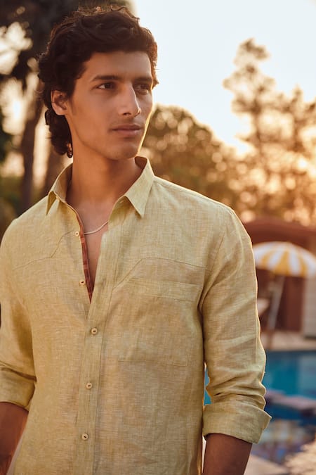 Shop_Philocaly_Green 100% Linen Sapling Shirt _Online_at_Aza_Fashions