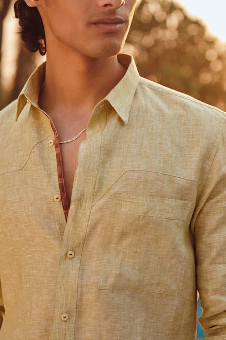 Philocaly_Green 100% Linen Sapling Shirt _at_Aza_Fashions