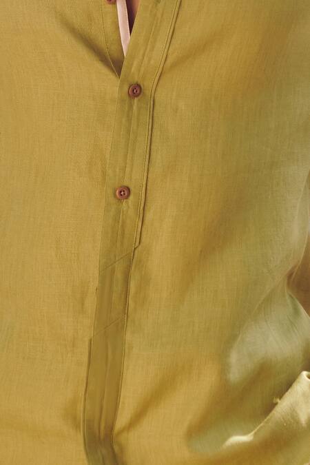 Shop_Philocaly_Green Linen Fauna Mandarin Collar Shirt_Online_at_Aza_Fashions