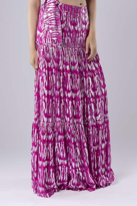 Tangerine Tiger_Fuchsia Viscose Abstract V Neck Metallic Pattern Skirt Set _Online_at_Aza_Fashions
