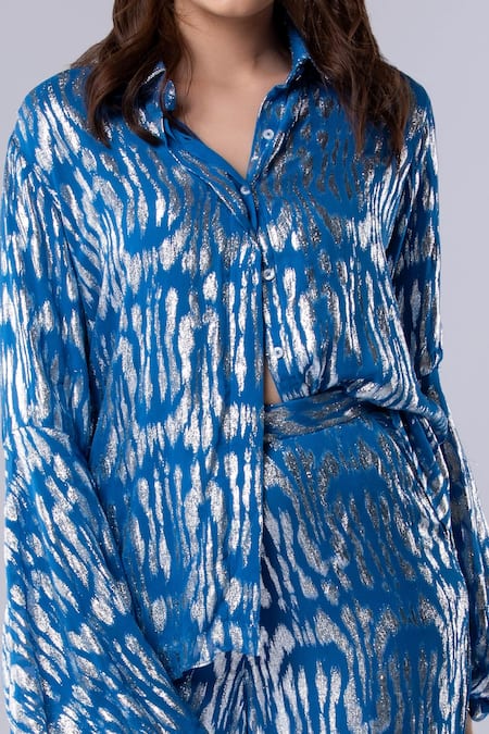 Tangerine Tiger_Blue Viscose Abstract Shirt Collar Metallic Pattern Pant Set _Online_at_Aza_Fashions