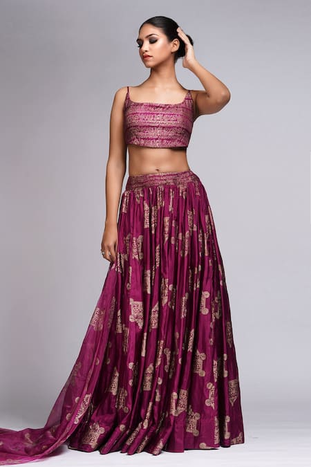 Shruti S_Wine Silk, Organza Embroidery Square Neck Geometric Hand Block Print Lehenga Set _Online_at_Aza_Fashions