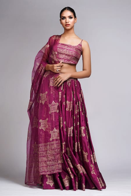 Shop_Shruti S_Wine Silk, Organza Embroidery Square Neck Geometric Hand Block Print Lehenga Set _Online_at_Aza_Fashions