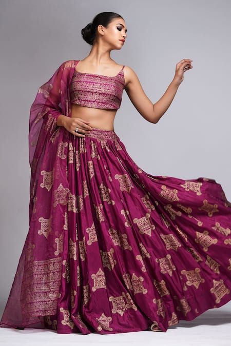 Shruti S_Wine Silk, Organza Embroidery Square Neck Geometric Hand Block Print Lehenga Set _at_Aza_Fashions