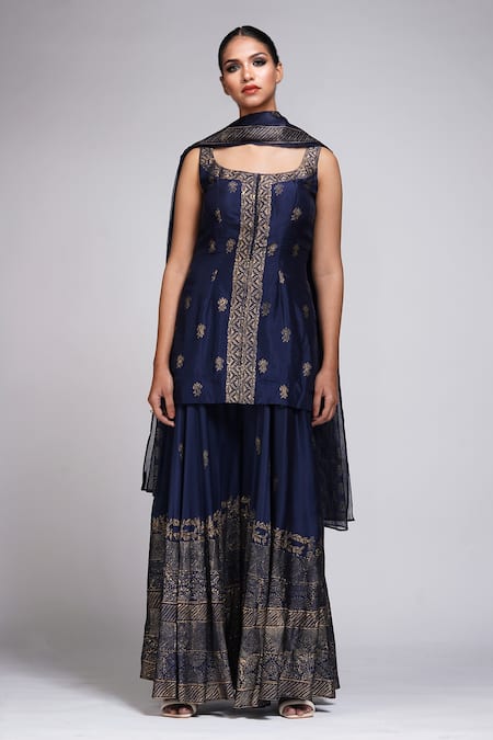 Buy_Shruti S_Blue Silk, Modal, Organza, Satin Embroidery, Metallic Print Kurta Sharara Set _Online_at_Aza_Fashions