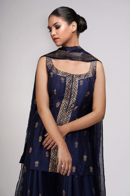 Shruti S_Blue Silk, Modal, Organza, Satin Embroidery, Metallic Print Kurta Sharara Set _at_Aza_Fashions