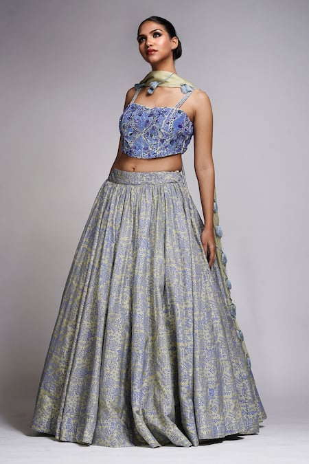 Shruti S Blue Silk, Organza Cut Work, Sequins, Pearls Flower Hand Block Print Lehenga Set Online at Aza Fashions Shruti S_Blue Silk, Organza Cut Work, Sequins, Pearls Flower Hand Block Print Lehenga Set _Online_at_Aza_Fashions