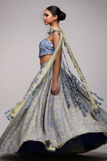 Shruti S Blue Silk, Organza Cut Work, Sequins, Pearls Flower Hand Block Print Lehenga Set at Aza Fashions Shruti S_Blue Silk, Organza Cut Work, Sequins, Pearls Flower Hand Block Print Lehenga Set _at_Aza_Fashions