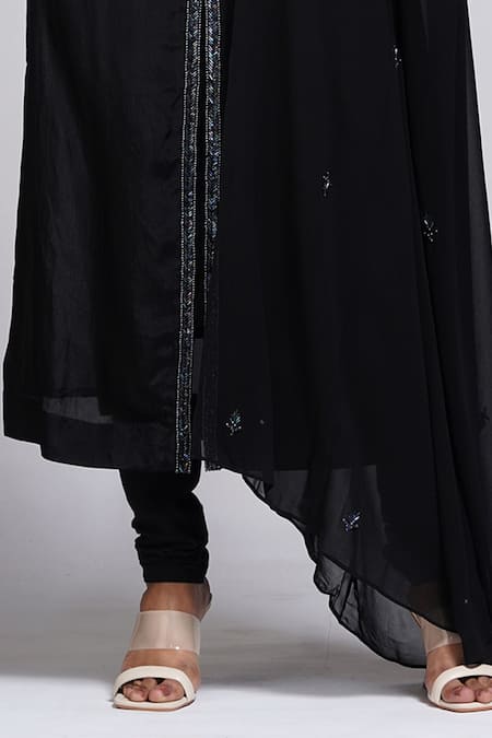Shruti S_Black Silk, Georgette, Chanderi Sequins, Pearls, Placket Embroidered Kurta Set _at_Aza_Fashions