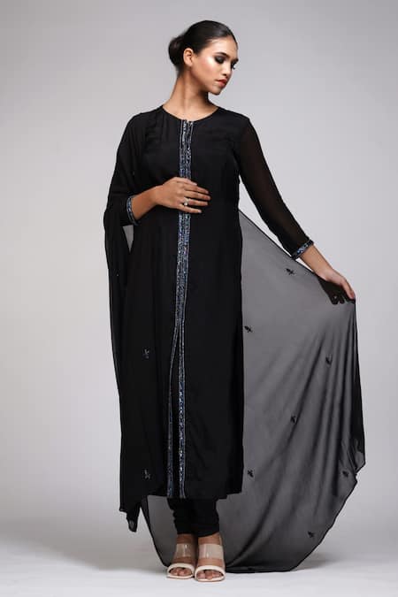 Shruti S_Black Silk, Georgette, Chanderi Sequins, Pearls, Placket Embroidered Kurta Set _Online_at_Aza_Fashions