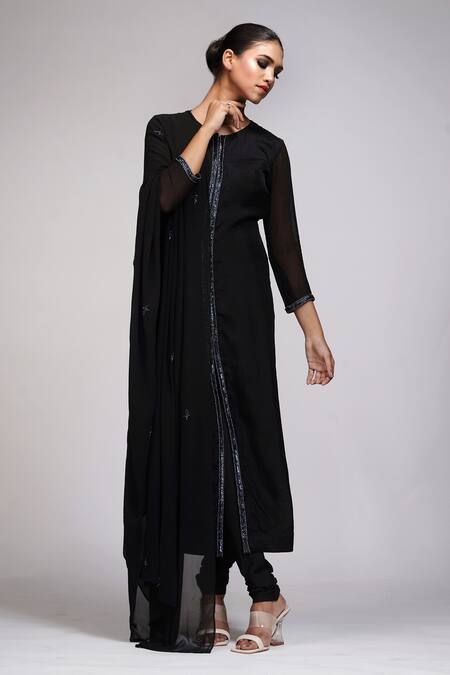 Buy_Shruti S_Black Silk, Georgette, Chanderi Sequins, Pearls, Placket Embroidered Kurta Set _Online_at_Aza_Fashions