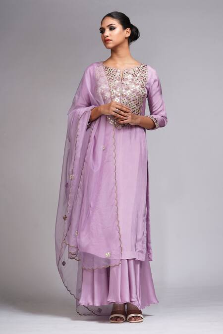 Buy_Shruti S_Purple Silk, Modal, Organza, Satin Embroidery, Mirrors Split Kurta Sharara Set_Online_at_Aza_Fashions