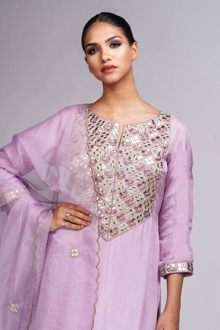 Shruti S_Purple Silk, Modal, Organza, Satin Embroidery, Mirrors Split Kurta Sharara Set_at_Aza_Fashions