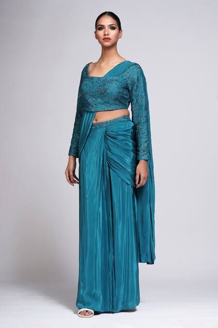 Shruti S_Green Crepe, Silk, Georgette Sequins, Embroidery Pre-stitched Saree With Top_Online_at_Aza_Fashions