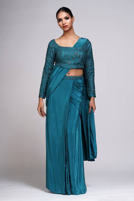 Buy_Shruti S_Green Crepe, Silk, Georgette Sequins, Embroidery Pre-stitched Saree With Top_Online_at_Aza_Fashions