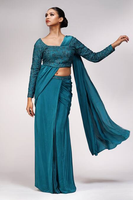 Shop_Shruti S_Green Crepe, Silk, Georgette Sequins, Embroidery Pre-stitched Saree With Top_Online_at_Aza_Fashions