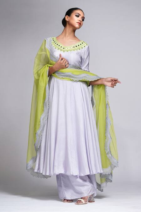 Shruti S Grey Silk, Organza Mirrors, Pearls, Sequins, Neckline Anarkali Palazzo Set at Aza Fashions Shruti S_Grey Silk, Organza Mirrors, Pearls, Sequins, Neckline Anarkali Palazzo Set_at_Aza_Fashions