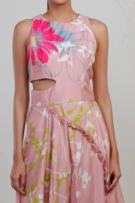 Buy_Garo_Pink Modal, Satin Embroidery Round Neck Floral Pattern Cowl Jumpsuit _Online_at_Aza_Fashions