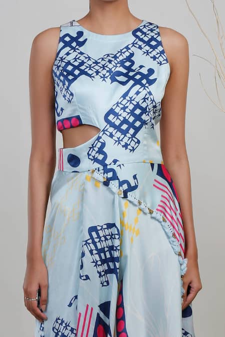 Buy_Garo_Blue Modal, Satin Tassels Round Neck Abstract Pattern Cowl Jumpsuit _Online_at_Aza_Fashions