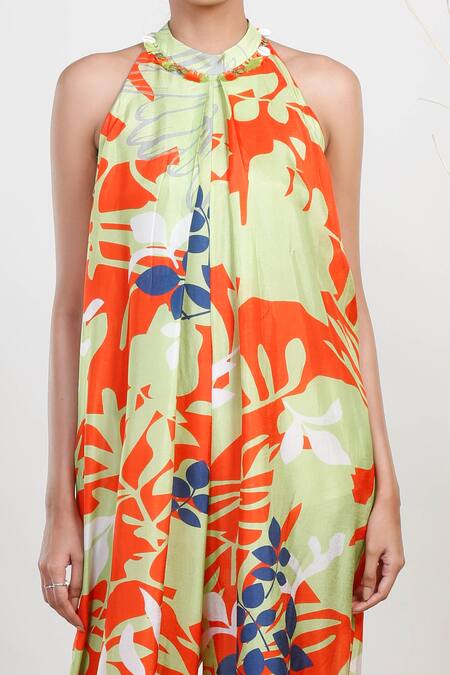 Buy_Garo_Green Silk Crystals Halter Neck Floral Pattern Jumpsuit _Online_at_Aza_Fashions