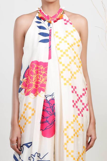 Buy_Garo_Off White Silk Crystals Halter Neck Geometric Pattern Jumpsuit _Online_at_Aza_Fashions