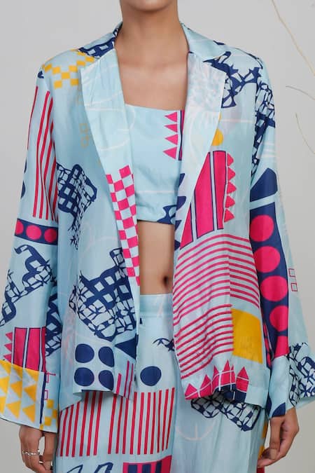 Buy_Garo_Blue Silk Crystals Collared, Geometric And Abstract Pattern Jacket & Pant Set _Online_at_Aza_Fashions