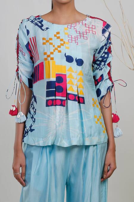 Buy_Garo_Blue Silk Embroidery, Tassels Round Abstract Print Pleated Top And Flared Pant Set _Online_at_Aza_Fashions