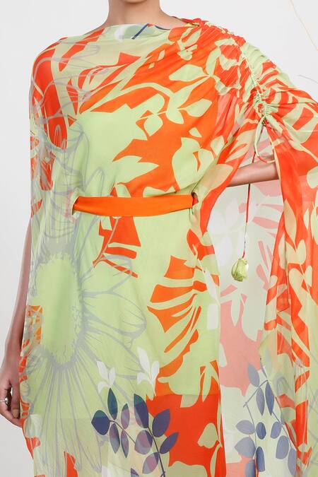 Buy Garo Green Chiffon One Shoulder Leaf Print Dress With Belt Online at Aza Fashions Buy_Garo_Green Chiffon One Shoulder Leaf Print Dress With Belt _Online_at_Aza_Fashions