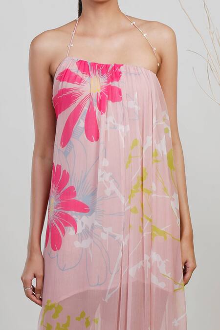 Buy_Garo_Pink Chiffon Crystals Square Neck Floral Print String Dress _Online_at_Aza_Fashions