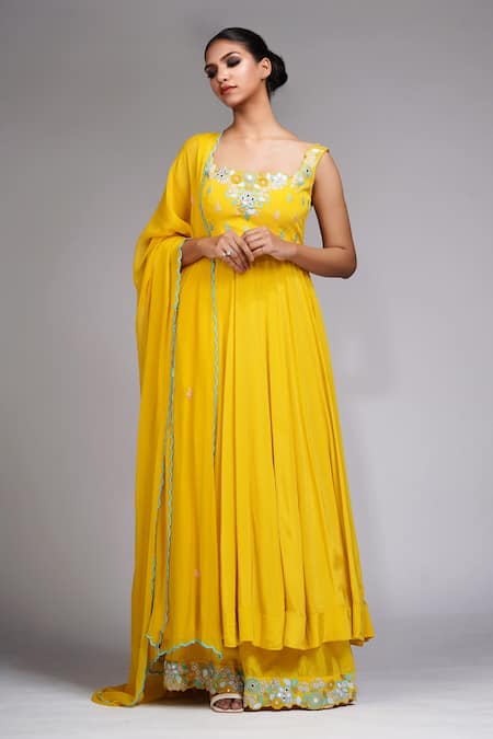 Shruti S_Yellow Crepe, Silk, Georgette Sequins, Pearls, Embroidery Mirror Anarkali Set _Online_at_Aza_Fashions